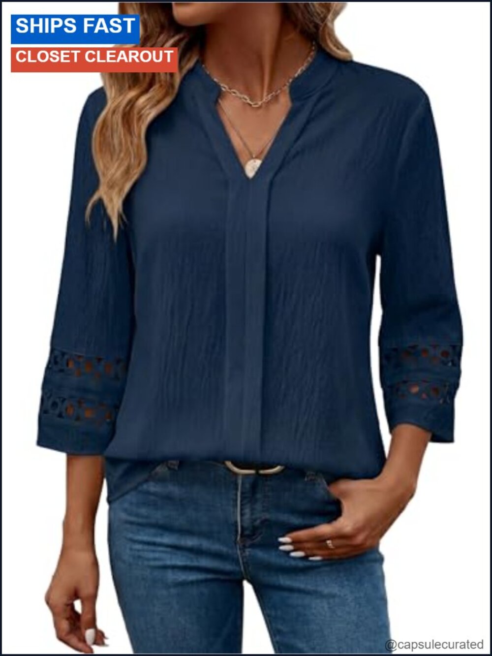 Women's 3/4 Sleeve V-Neck Pleated Blouse Dressy Casual Top